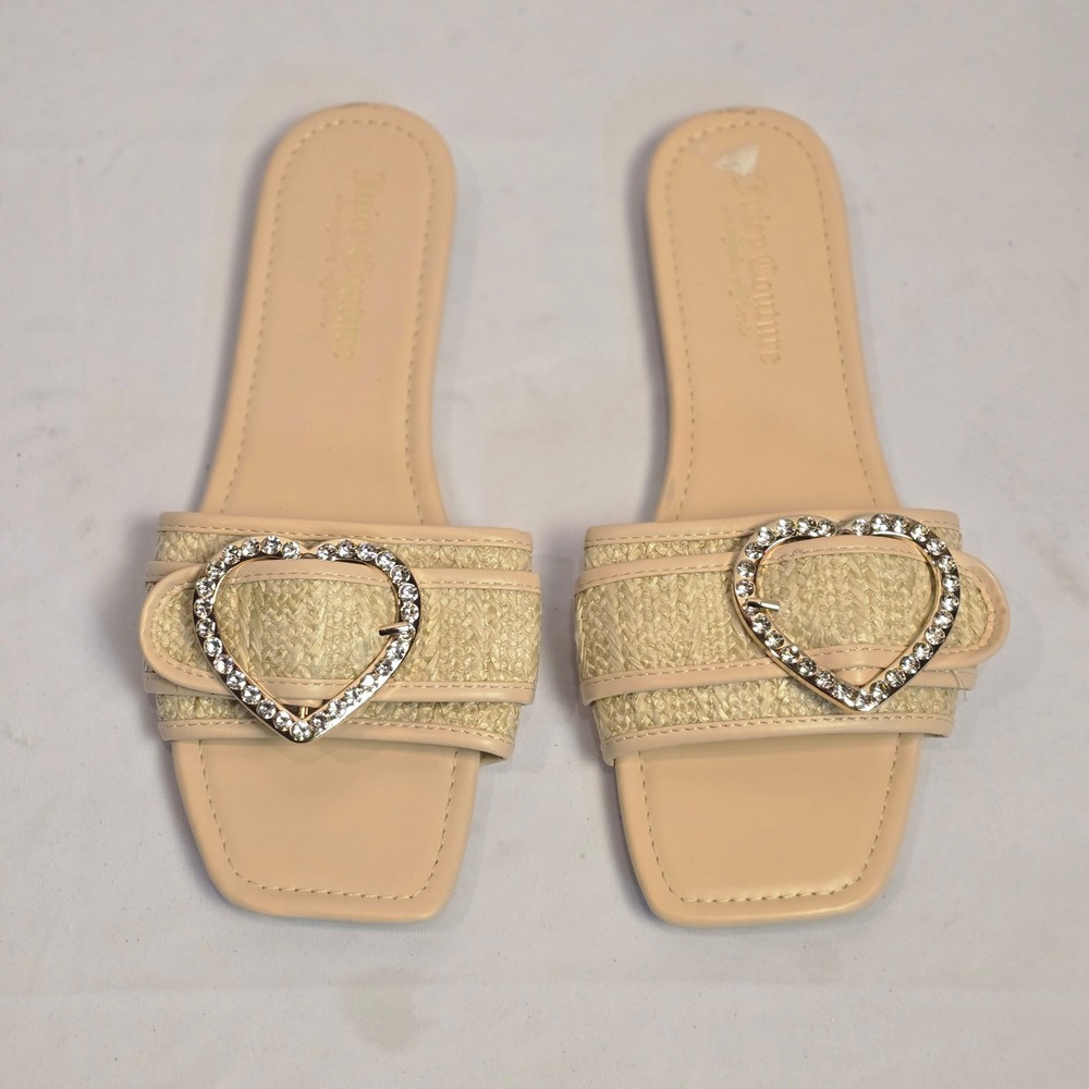 Juicy Couture‎ Zapphire 2 Beige Raffia Heart Buckle Slide Sandals Womens 9